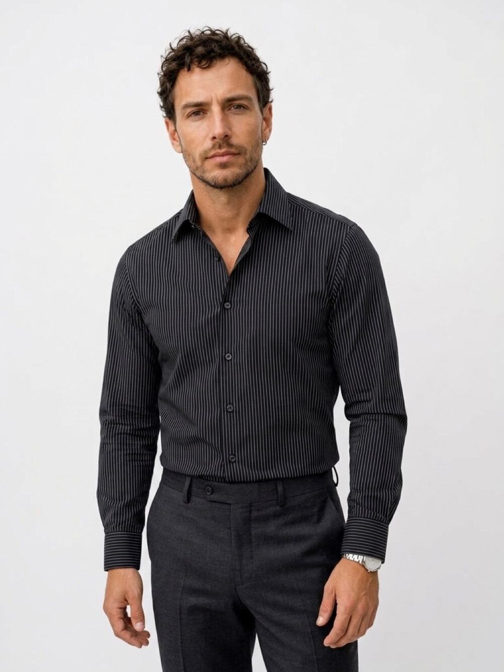 Express Design Studio Pinstripe Dress Shirt Black White Stripe Long Sleeve S